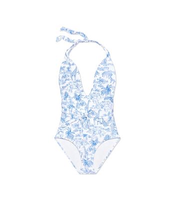 Tory Burch Printed Tie-front One-piece In Ivory Far And Away