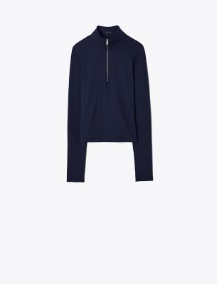 Tory Burch Cropped Half-Zip Long-Sleeve Top