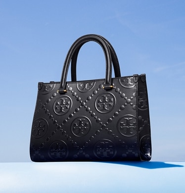 TORY BURCH York Solid Blue Black Leather Tote buy Bag