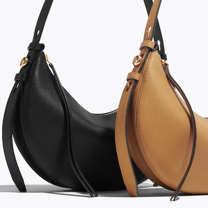 Tory Burch ハーフムーンスモールサッチェル T Monogram Romy Half Moon Bag: Women's Designer Shoulder Bags