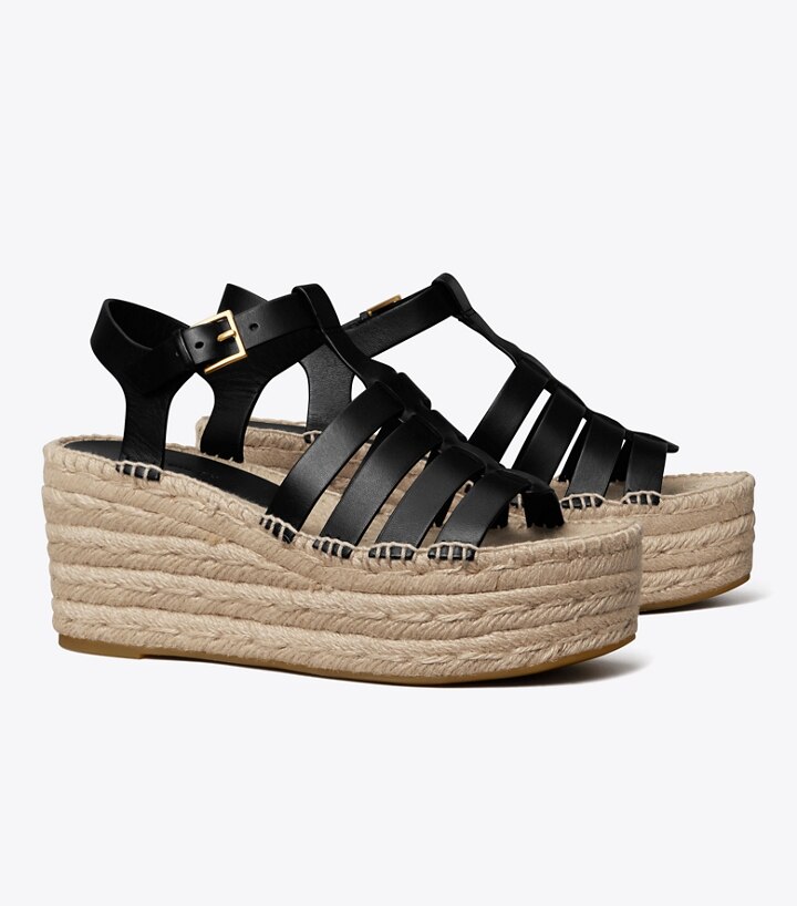 Tory burch black espadrille wedges hot sale