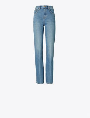 Tory Burch Damen Gerade Jeans Mit Mittelhohem Bund Und Schmalem Schnitt In Blau