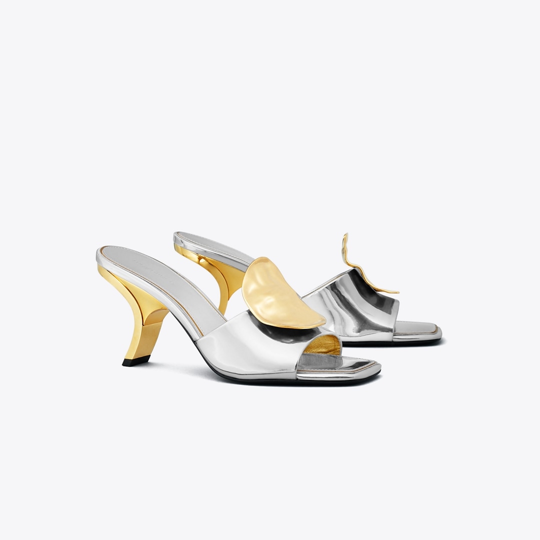 Tory Burch Patos Mismatched Heeled Mule In Silver
