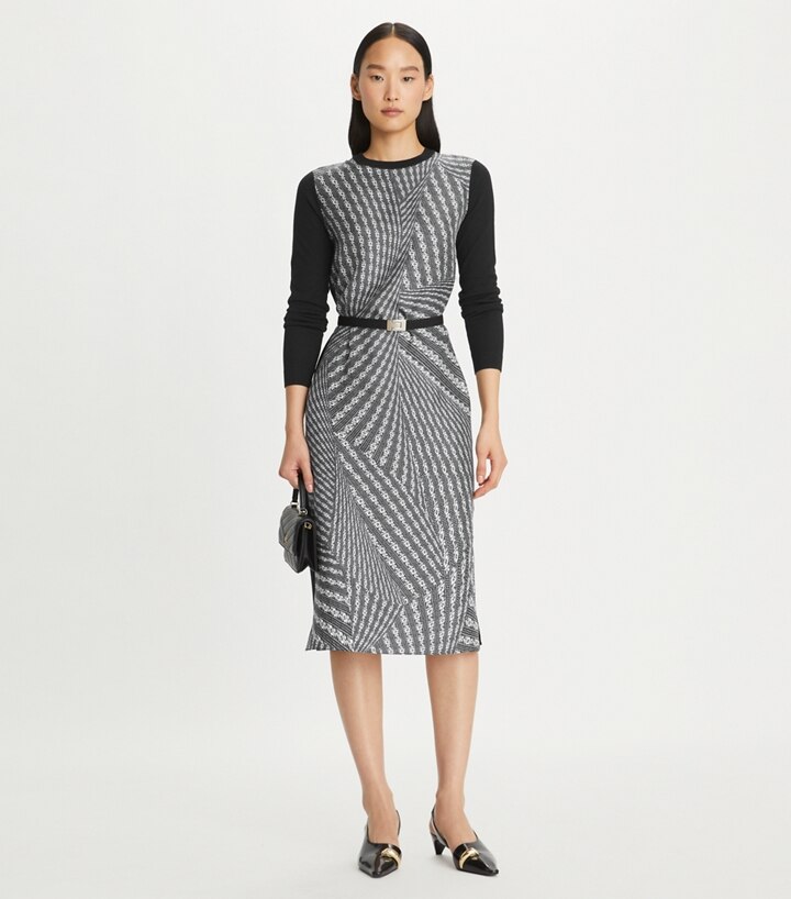TORY BURCH ワンピース 服 Belted silk-trimmed wool 974281 Belted silk-trimmed wool midi dress in black - Tory Burch