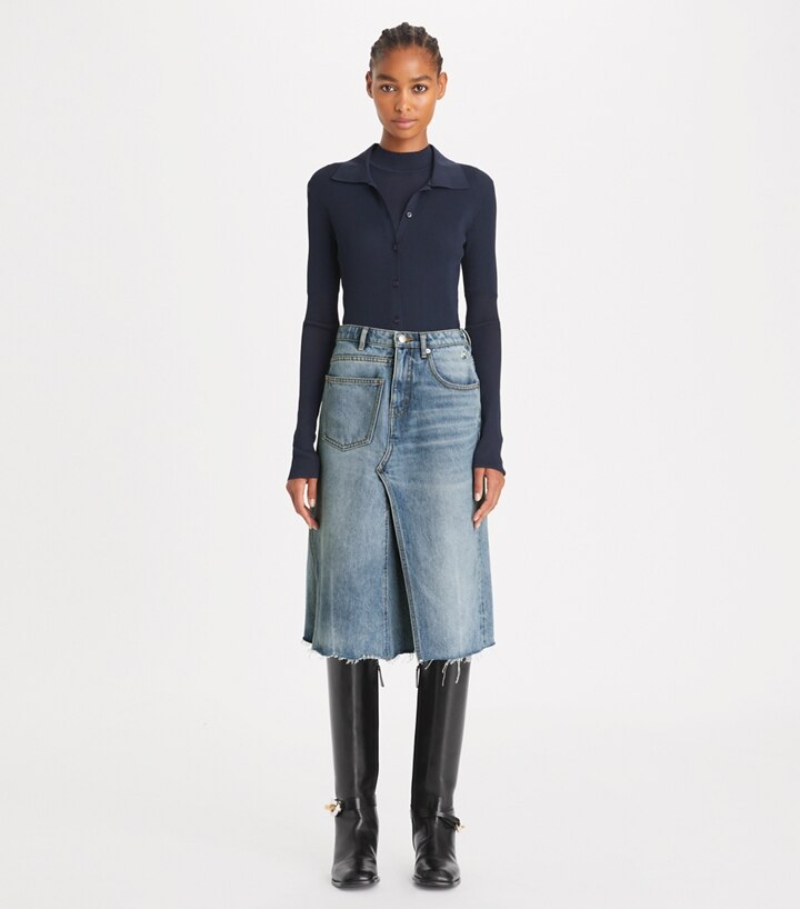 Deconstructed Denim Skirt: Women's Clothing | Bottoms | Tory Burch 