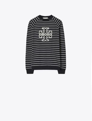 Tory Burch French Terry Striped Logo Crew In Multi