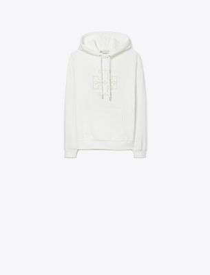 Tory Burch Heavy French Terry Logo Hoodie In White