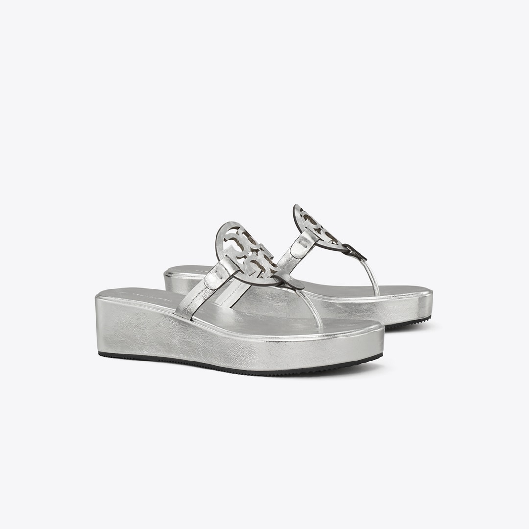 Tory Burch Miller Crinkled Metallic Wedge Sandal In Silver