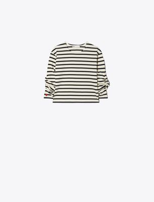 Tory Burch Striped Crew-neck T-shirt With Draped Sleeve In Multi