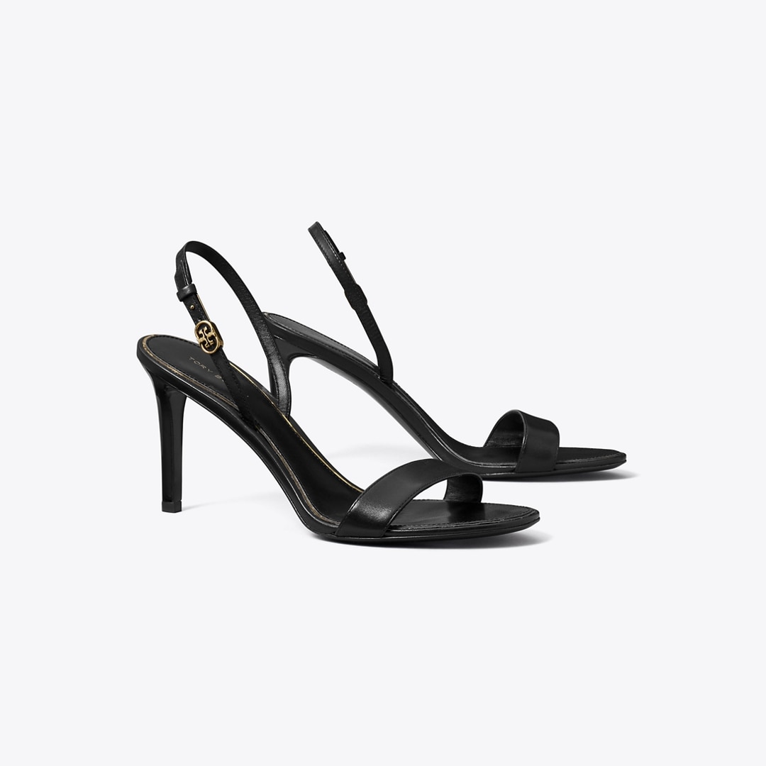 Tory Burch Double T Buckle Heeled Sandal In Black
