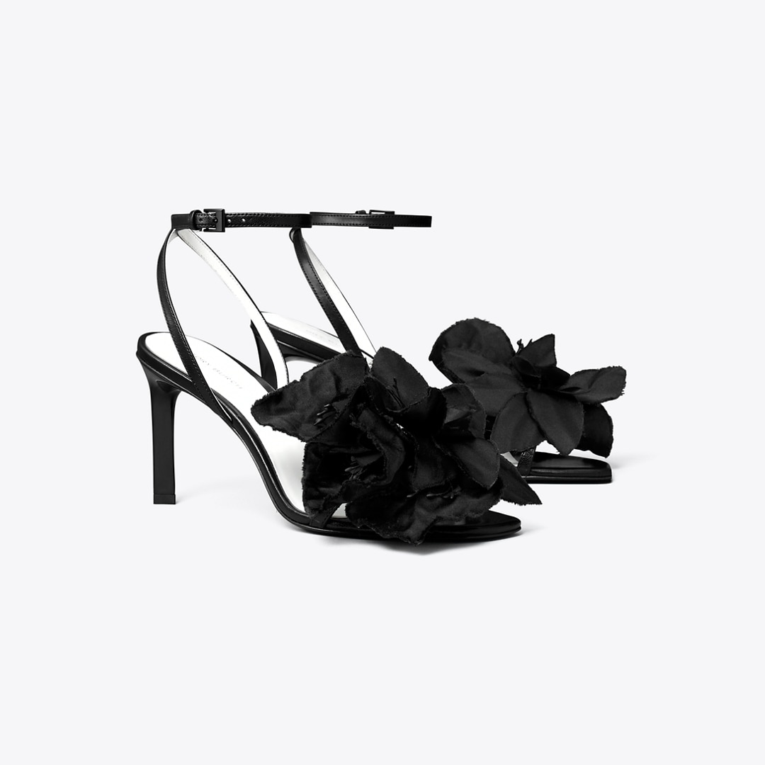 Tory Burch Flower Heeled Sandal In Black