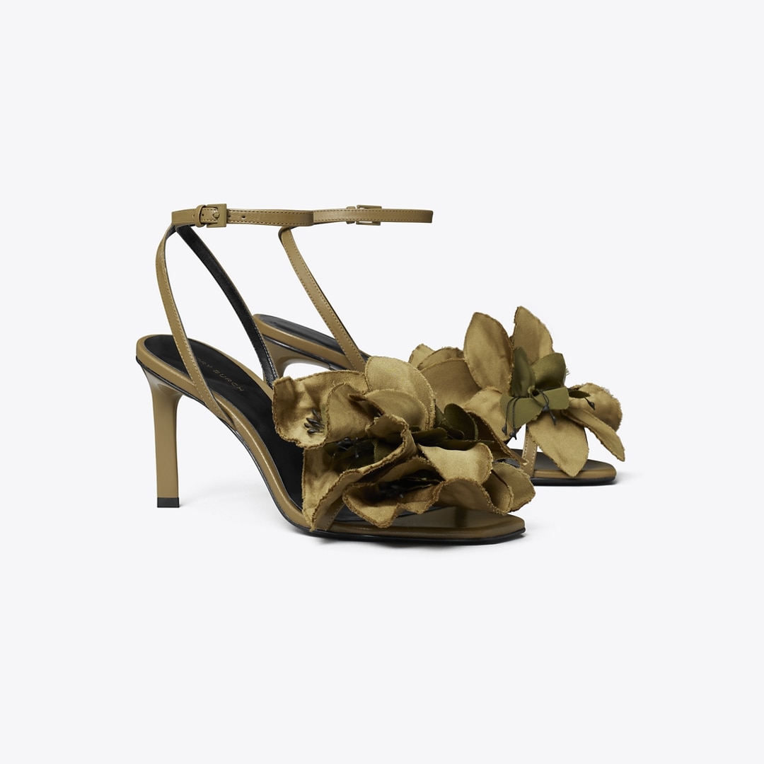 Tory Burch Flower Heeled Sandal In Gray