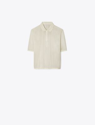 Tory Burch Poplin Zip Polo In Neutral