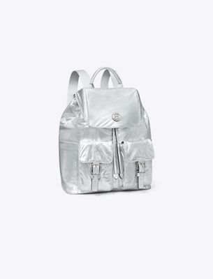 Tory Burch Virginia Metallic Flap Backpack In Silver