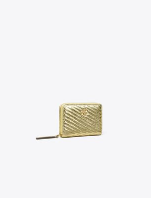 Tory Burch Small Kira Moto Quilt Metallic Zip-around Wallet In Gold