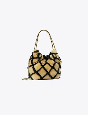 Tory Burch Mini Fleming Shearling Hobo Bag In Brown