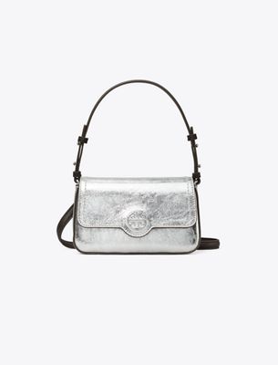 Tory Burch Felix Metallic Mini Flap Shoulder Bag In Silver