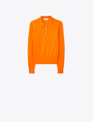 Tory Burch Cashmere Long-sleeve Polo In Orange