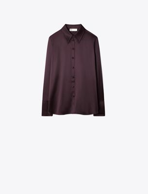 Tory Burch Cuffed Silk Shirt In Burgundy