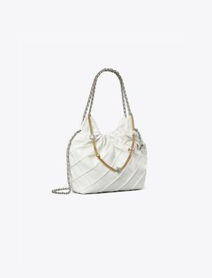 Tory Burch Mini Fleming Soft Distressed Hobo Bag In White