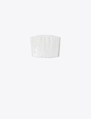 Tory Burch Strapless Sequins Mesh Top In White