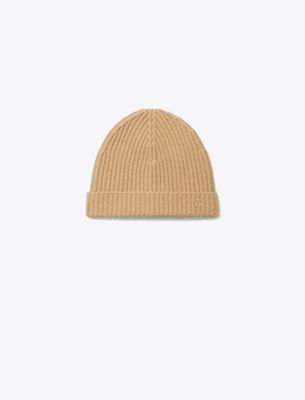 Tory Burch Ribbed Knit Cashmere Beanie In Neutral