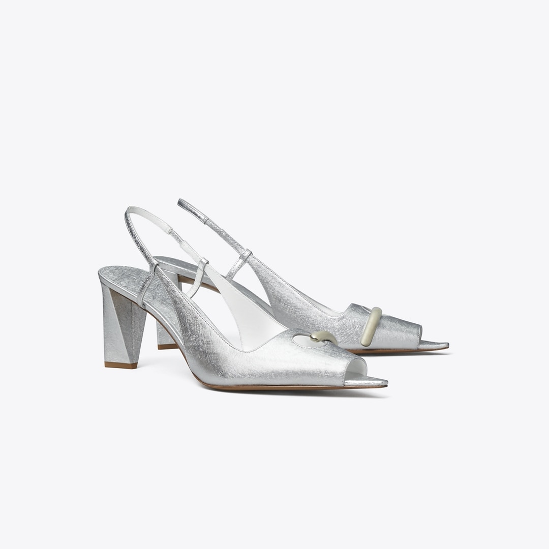 Tory Burch Pierced Peep-toe Slingback In Silver