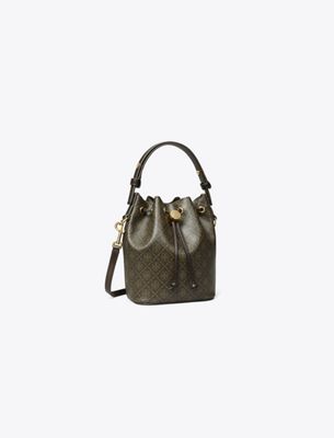 Tory Burch T Monogram Coated Canvas Mini Bucket Bag In Brown