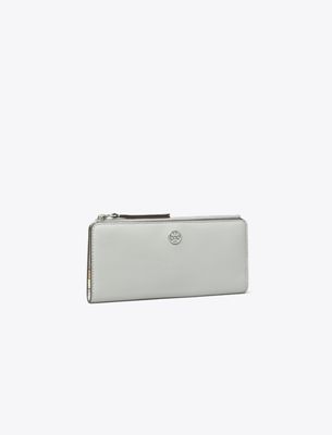 Tory Burch Robinson Pebbled Zip Slim Wallet In Gray