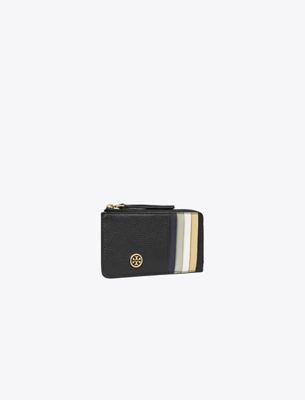 Tory Burch Robinson Pebbled Top-zip Card Case In Black