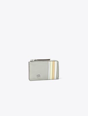 Tory Burch Robinson Pebbled Top-zip Card Case In Gray