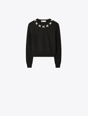 Tory Sport Tory Burch Embroidered Wool Sweater In Black