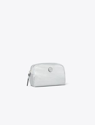 Tory Burch Virginia Metallic Curved Cosmetic Case In Silver