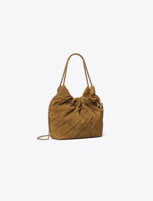 Tory Burch Mini Fleming Soft Suede Hobo Bag In Brown
