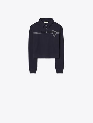 Tory Sport Tory Burch Heart Pick Stitch Cotton Polo In Black