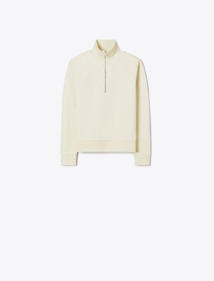 Tory Burch French Terry Logo Sleeve Half-zip Sweatshirt In White