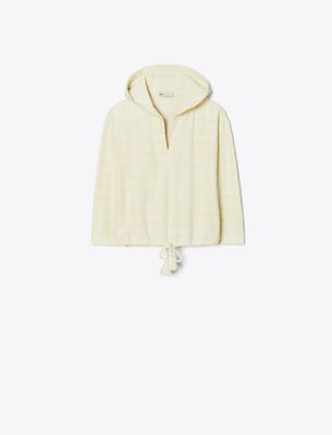 Tory Burch Terry V-neck Hooded Sweatshirt In White