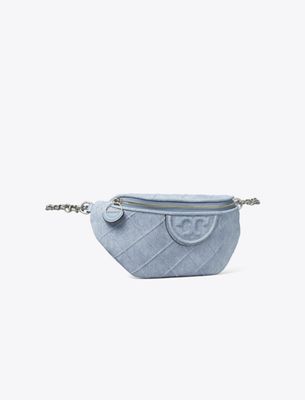 Tory Burch Fleming Soft Denim-print Suede Belt Bag In Blue