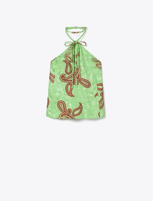 Tory Burch Satin Paisley Knot Top In Green