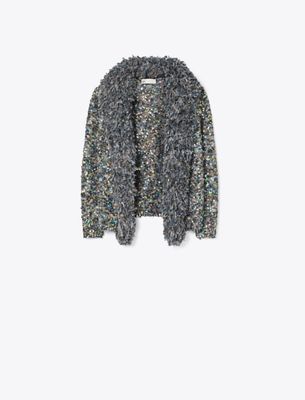 Tory Burch Sequin Fringe Cardigan In Gray