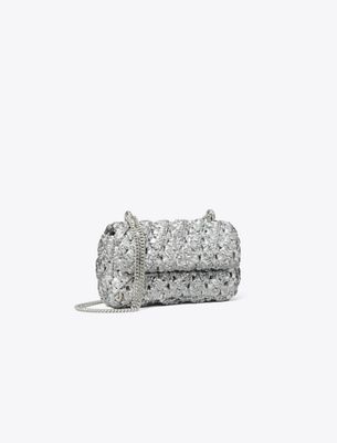 Tory Burch Mini Kira Woven Flap Bag In Silver