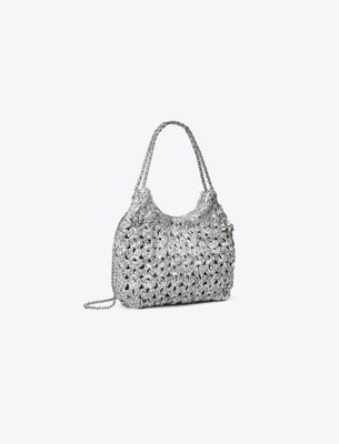 Tory Burch Mini Fleming Woven Hobo Bag In Silver