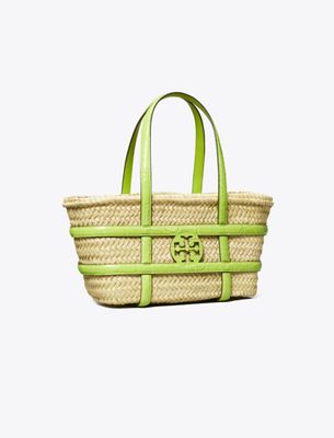 Tory Burch Small Ella Croc-embossed Straw Basket In Green