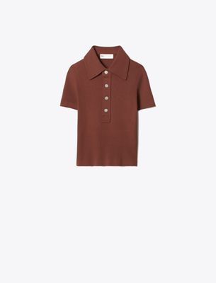 Tory Burch Viscose Ribbed Polo Sweater In Brown