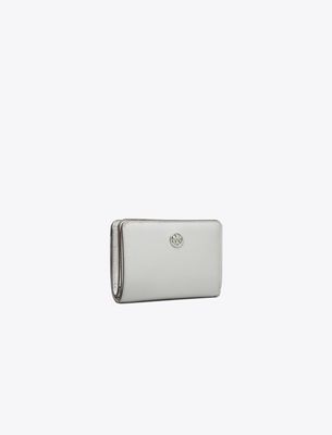 Tory Burch Robinson Pebbled Bi-fold Wallet In Gray