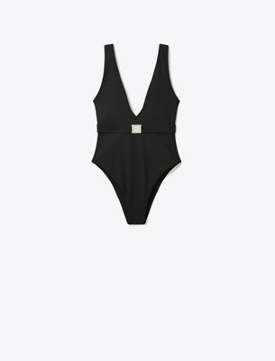 Tory Burch Belted Logo Swimsuit In Black