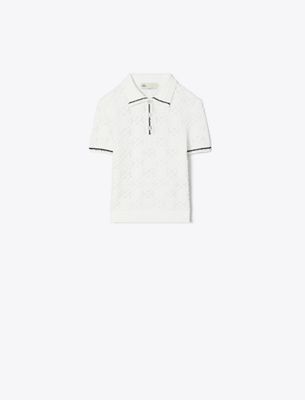Tory Burch Cotton Logo Lace Polo Top In White