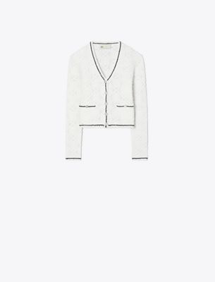 Tory Burch Cotton Logo Lace Cardigan In White