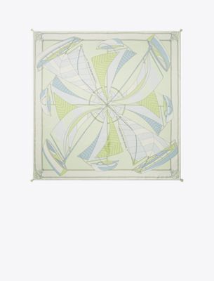 Tory Burch Sailboat Spiral Silk Square Scarf In Green