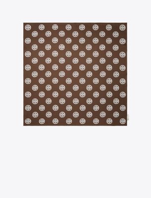 Tory Burch Medallion Logo Silk Square Scarf In Brown